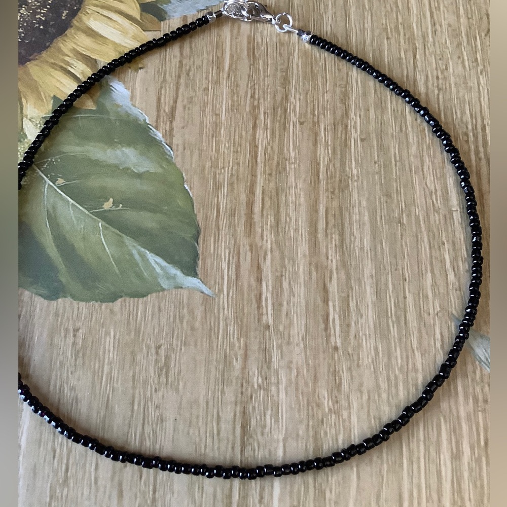 Sleek Simple Black seed bead necklace handmade beaded choker for women 16”